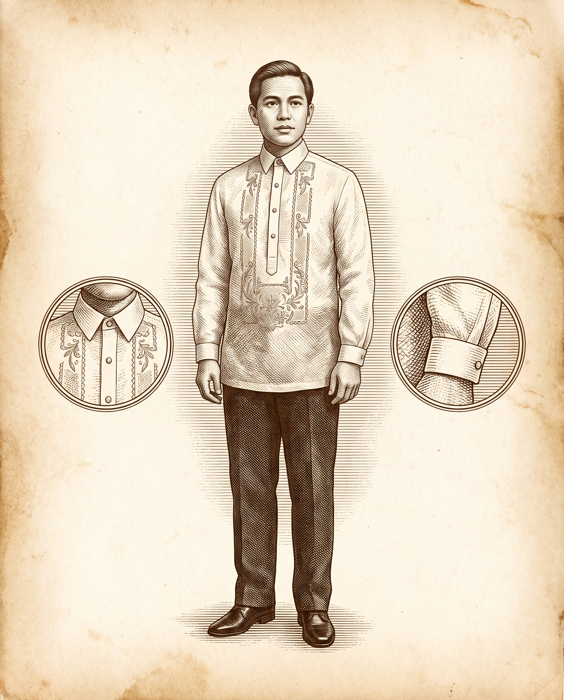 Engraving diagram of a barong tagalog, collar and cuff detail