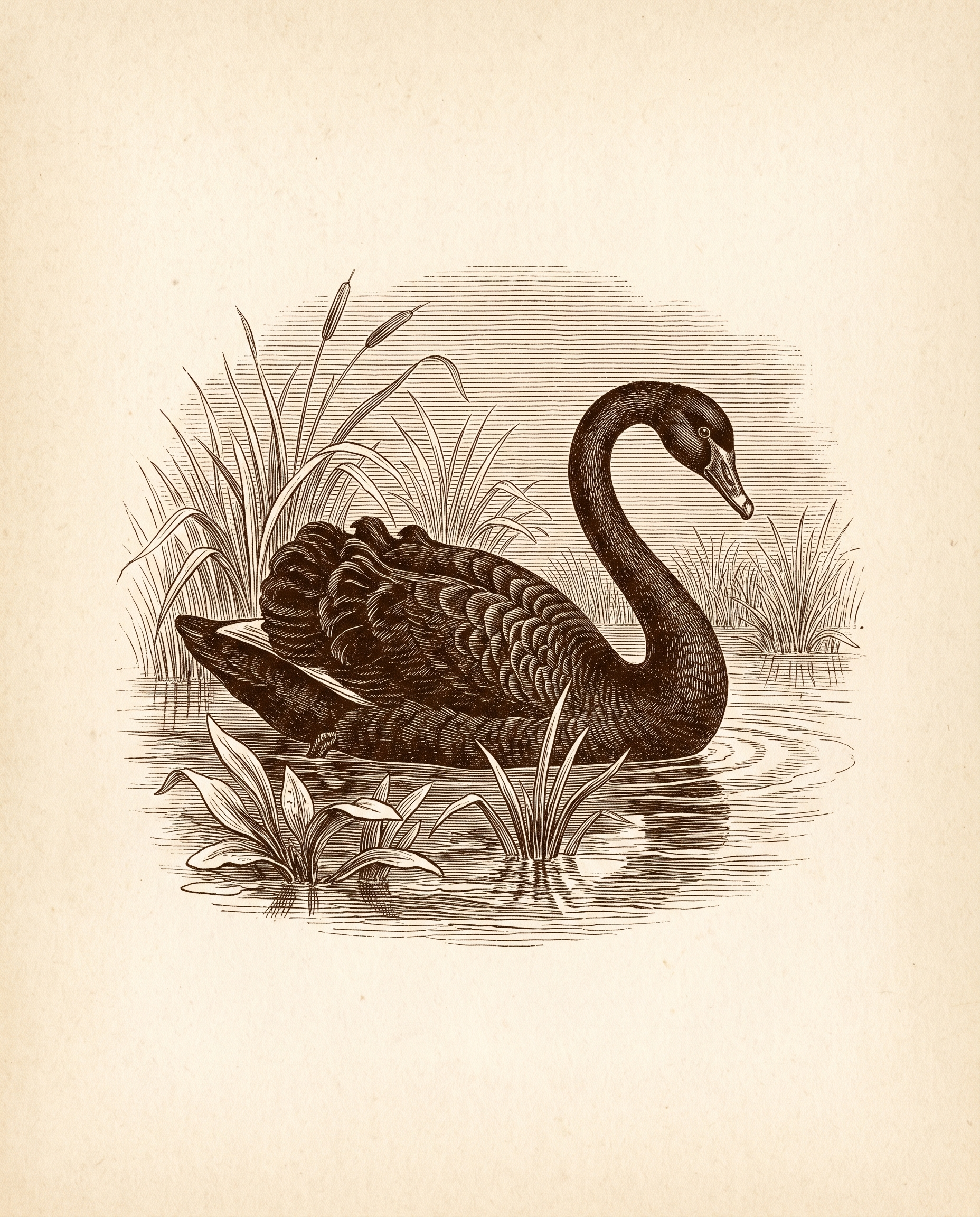 Engraving of a black swan on the Swan River, Perth