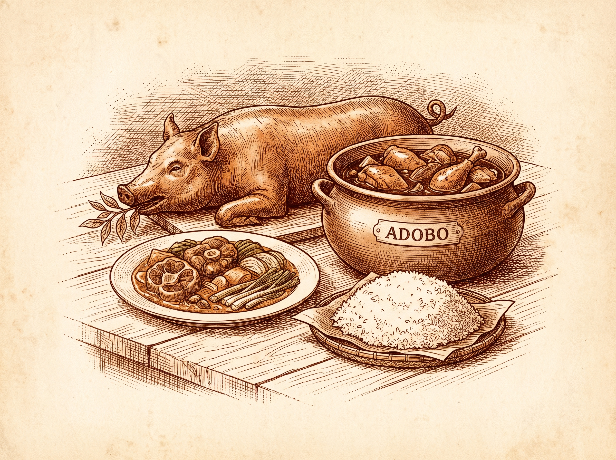 Engraving of a Filipino food spread