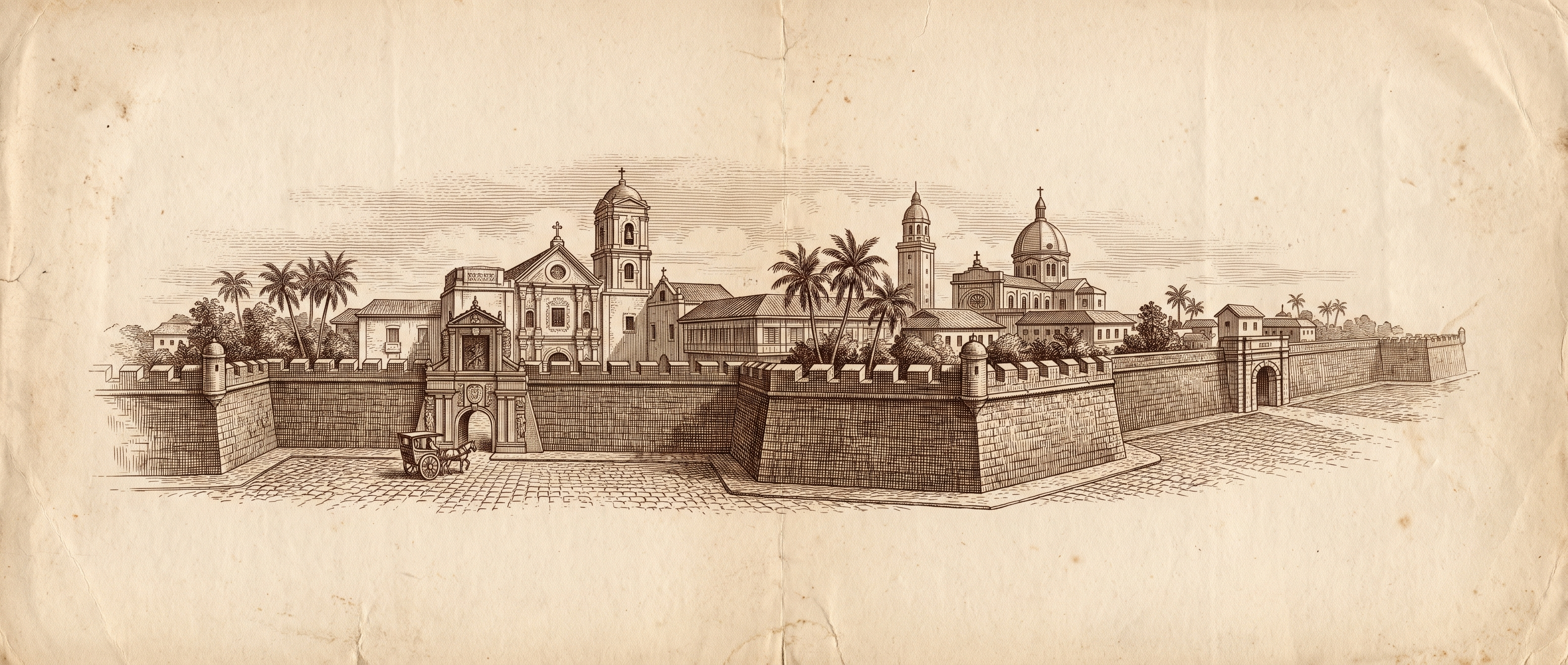 Engraving of the walled city of Intramuros, its gates, San Agustin Church and the cathedral dome