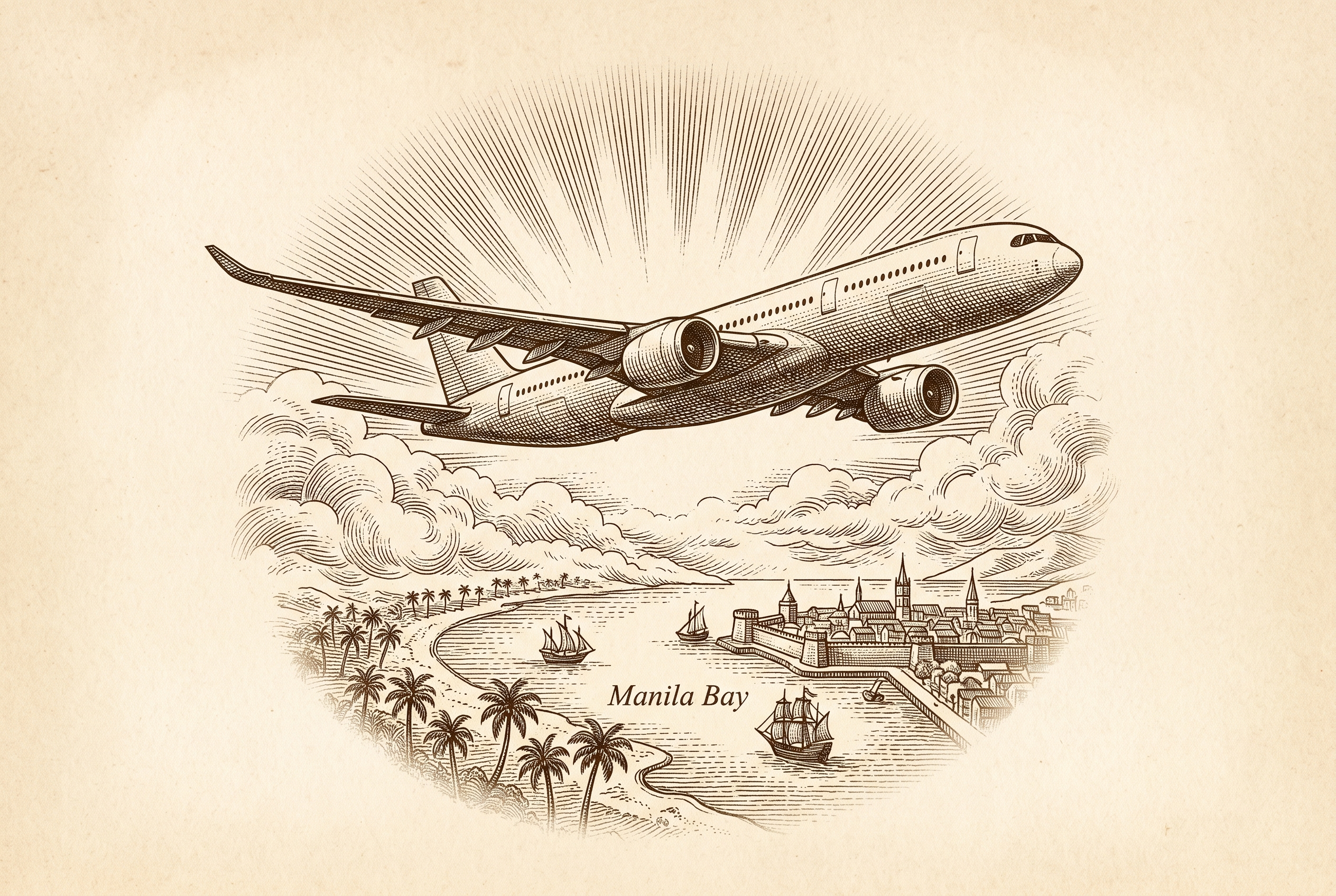 Engraving of an aeroplane over Manila Bay
