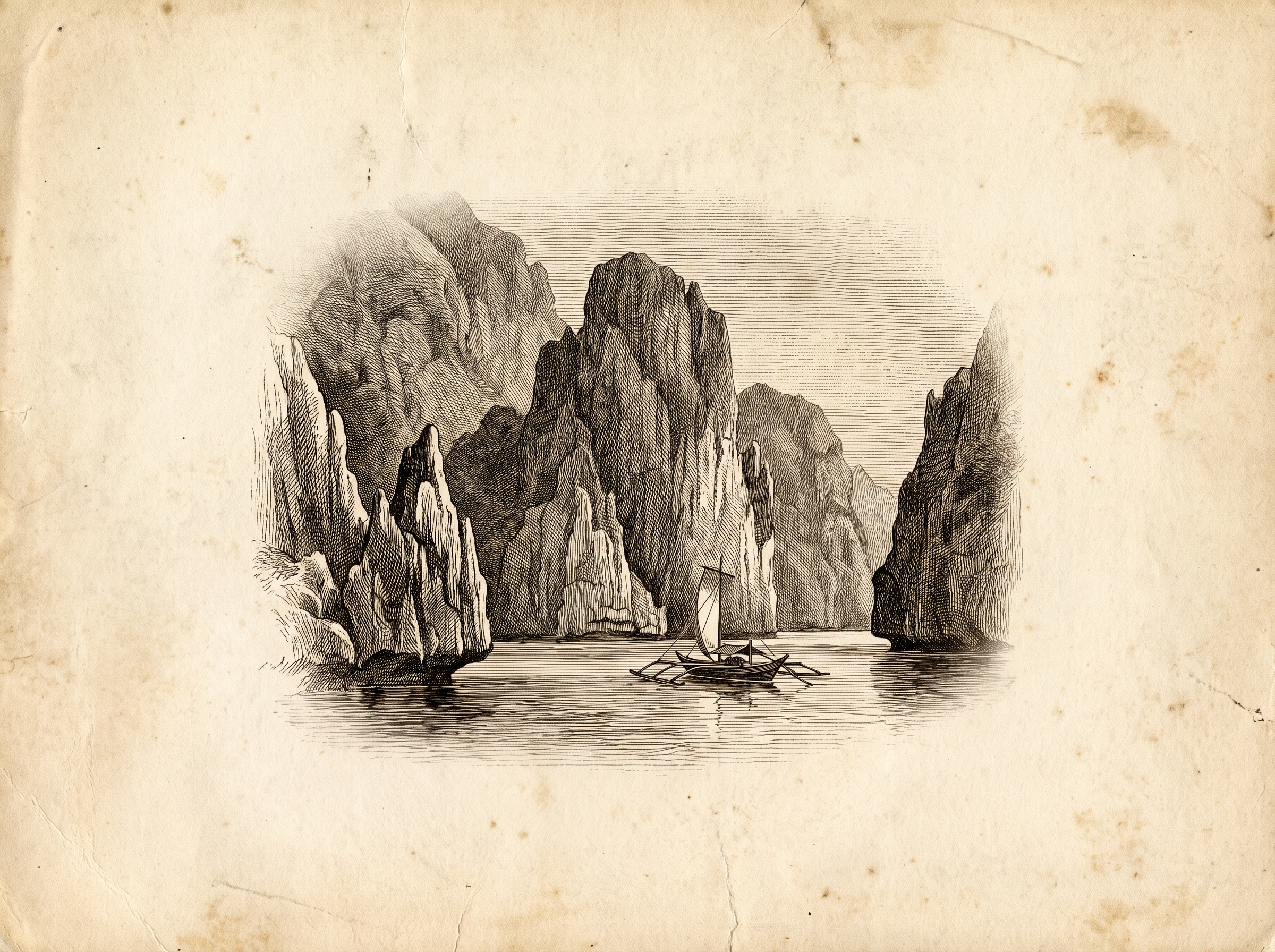 Engraving of El Nido limestone cliffs and lagoon